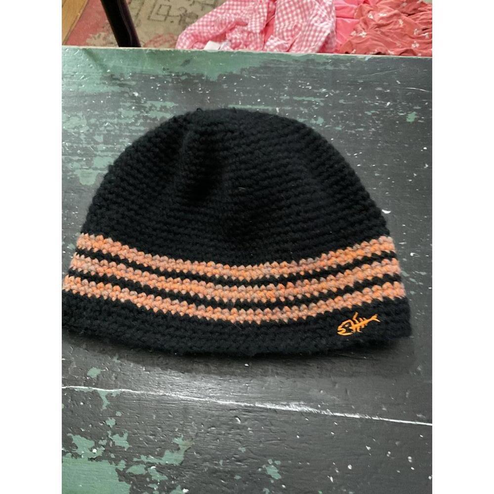 Cozy Black and Orange Striped  Wool Beanie with Fish Logo